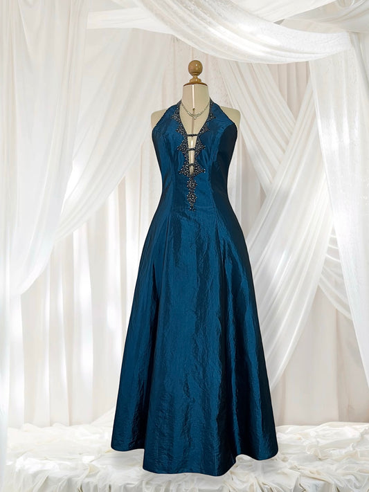 Vintage taffeta halter evening dress in teal with bead embroidery, embellishments and rhinestones - size M