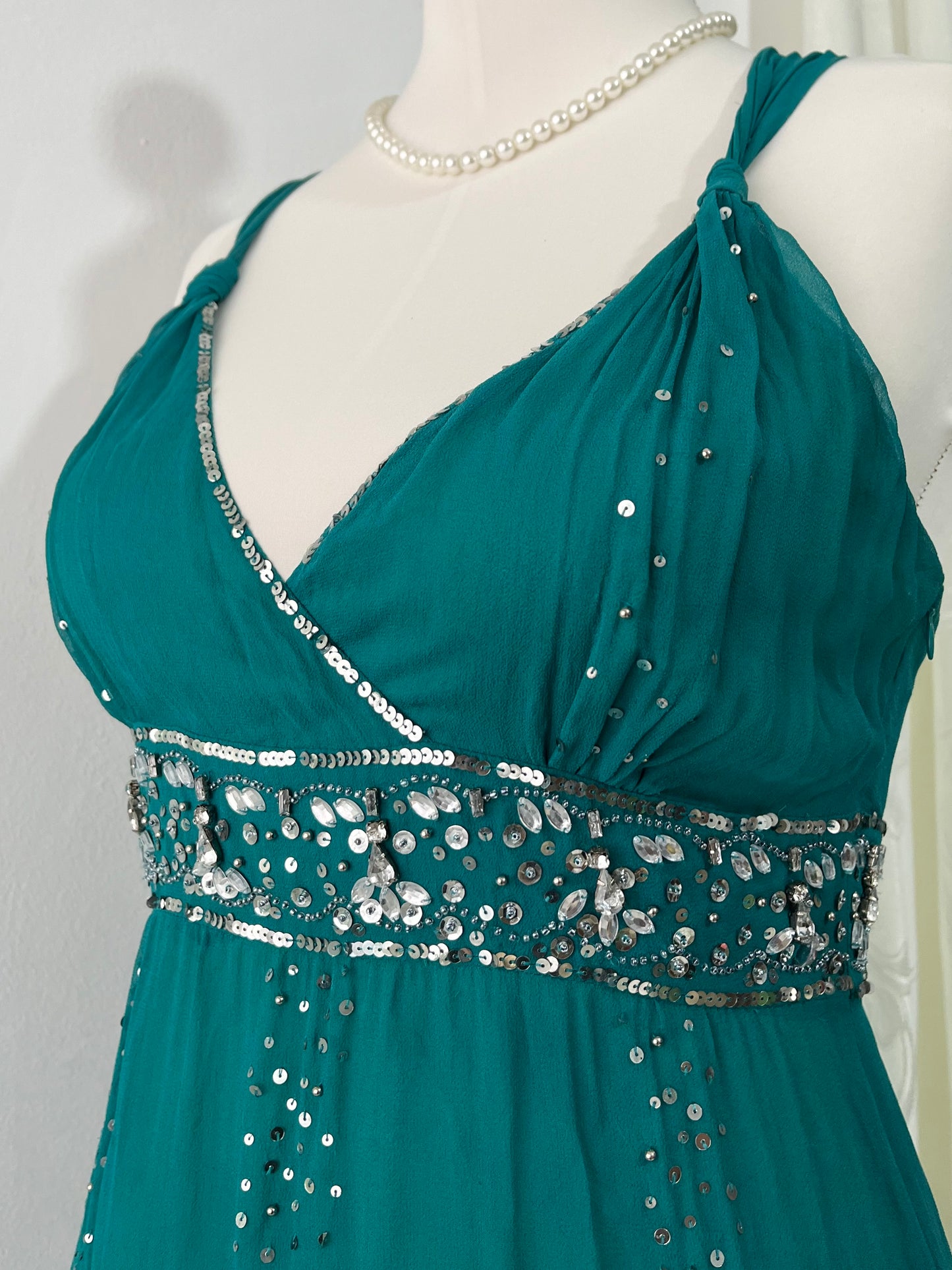 Teal silk dress with hand-embroidered sequins and rhinestones-one size: M