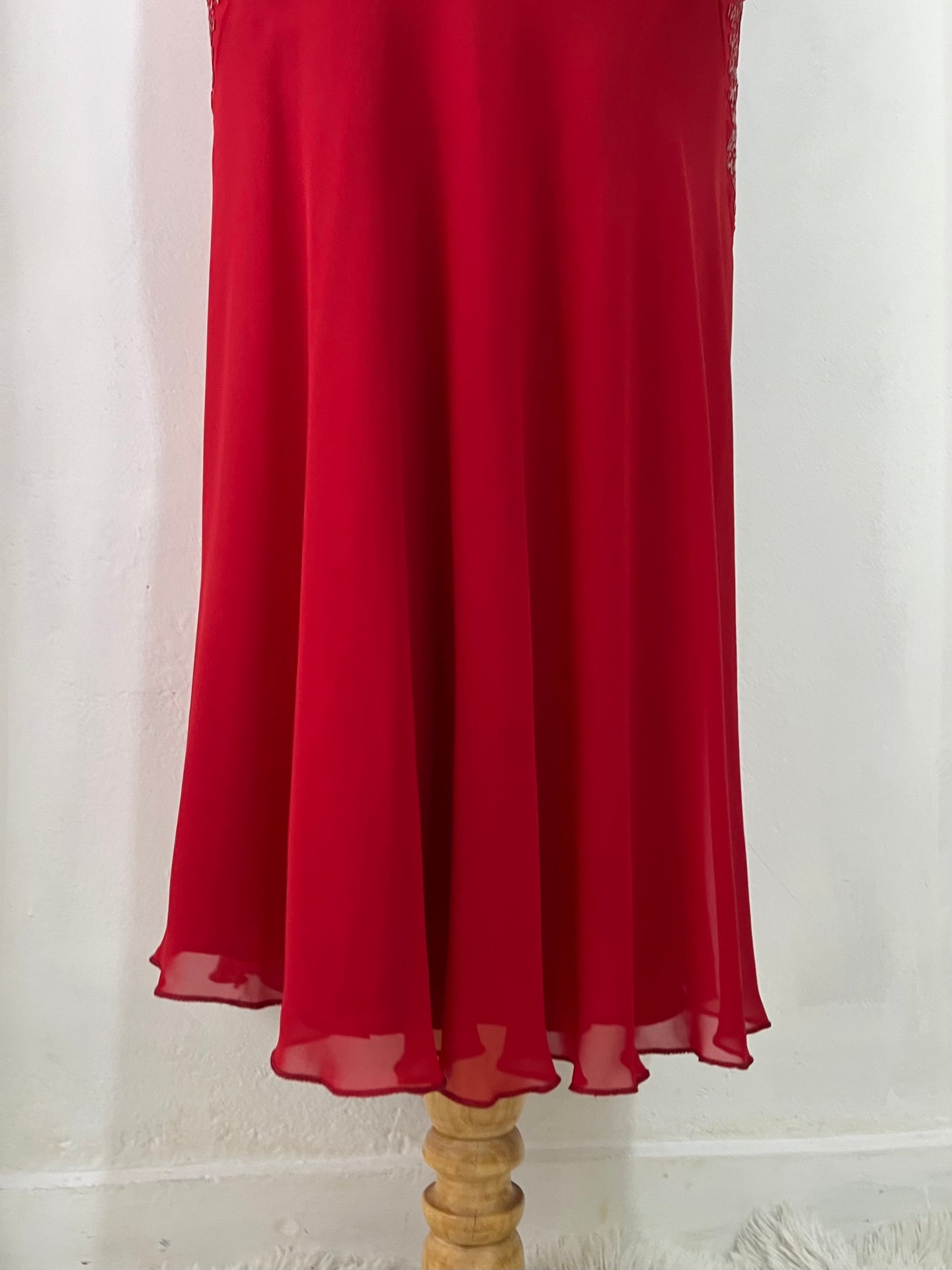 Crimson red ball gown with silver embellishments