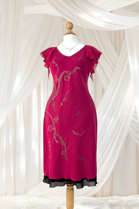 Fuchsia Midi Dress with Butterfly Sleeves and hand-embroidered rhinestone details- size XL