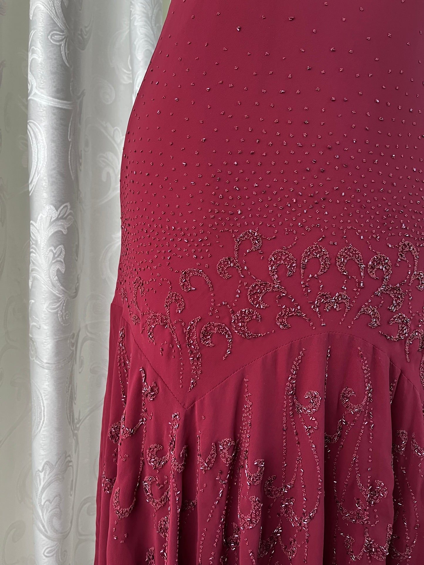 Burgundy gown dress with intricate designs and embroidery on the bodice and skirt - Size XL