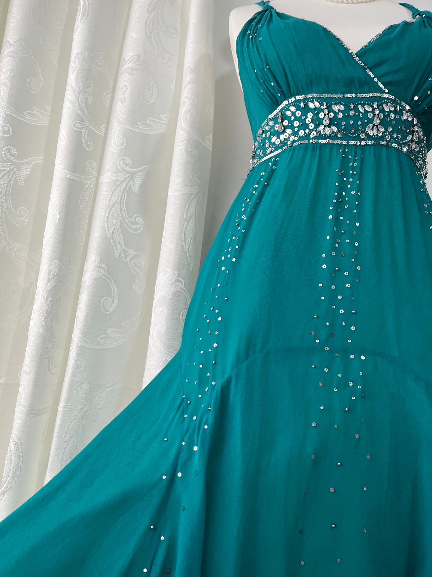 Teal silk dress with hand-embroidered sequins and rhinestones-one size: M