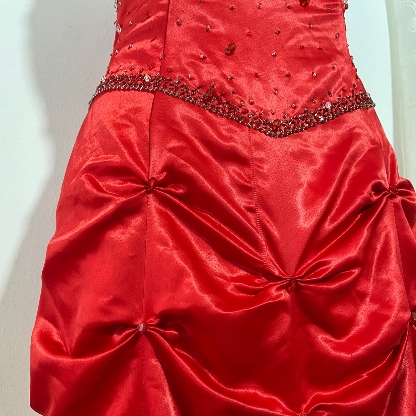 Red strapless corset evening gown with sequins and hand-sewn rhinestones- size M/L