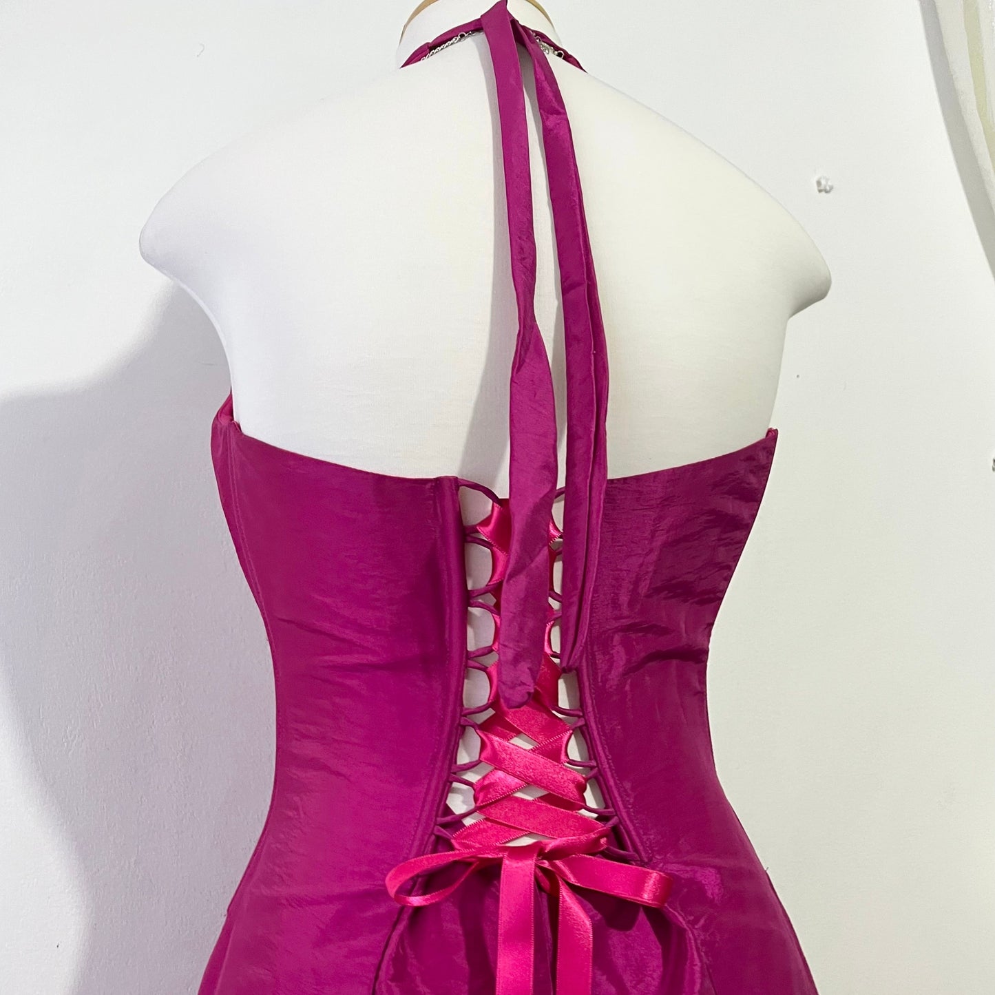 Fuchsia corset dress with exquisite hand sewn beadwork -Size M