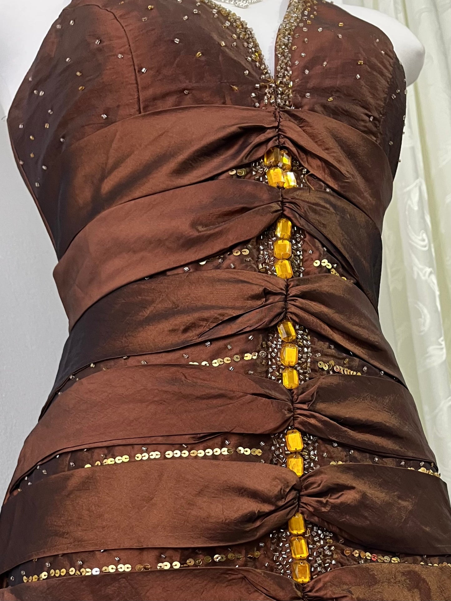 Shimmery brown corset dress with exquisite rhinestone embroidery and embellishments-size S