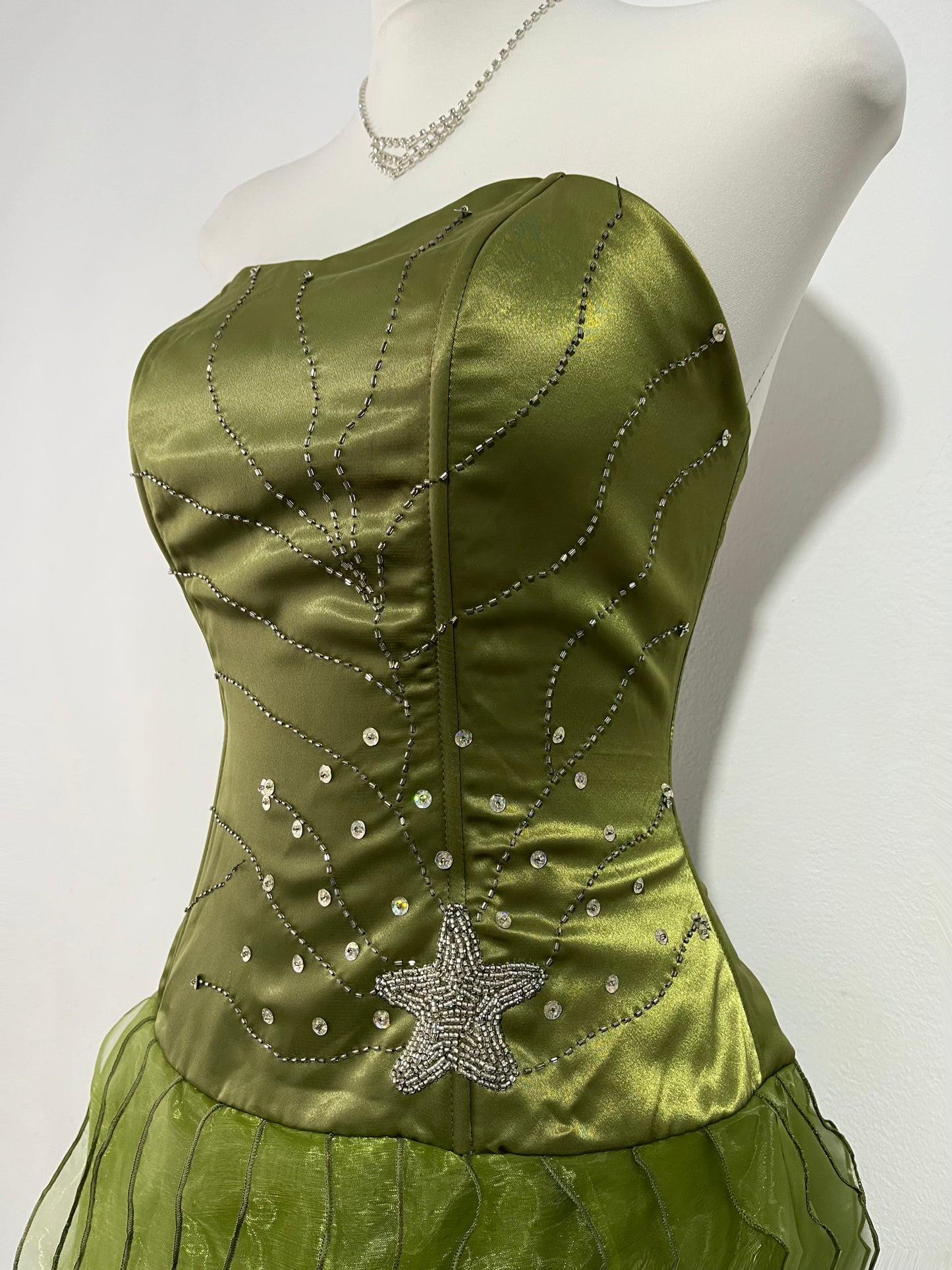 Olive green high-low corset dress with hand-embroidered rhinestones and ruffles- size S