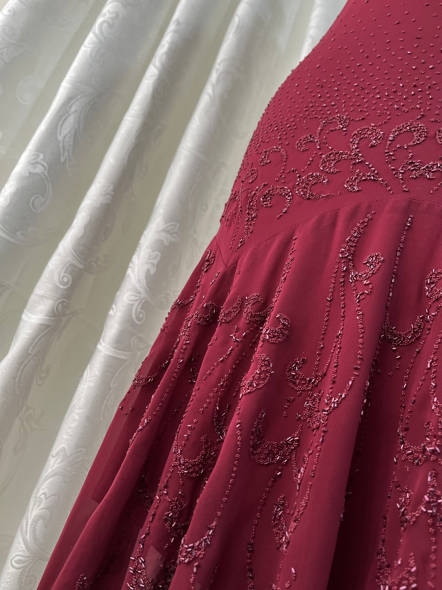 Burgundy gown dress with intricate designs and embroidery on the bodice and skirt - Size XL