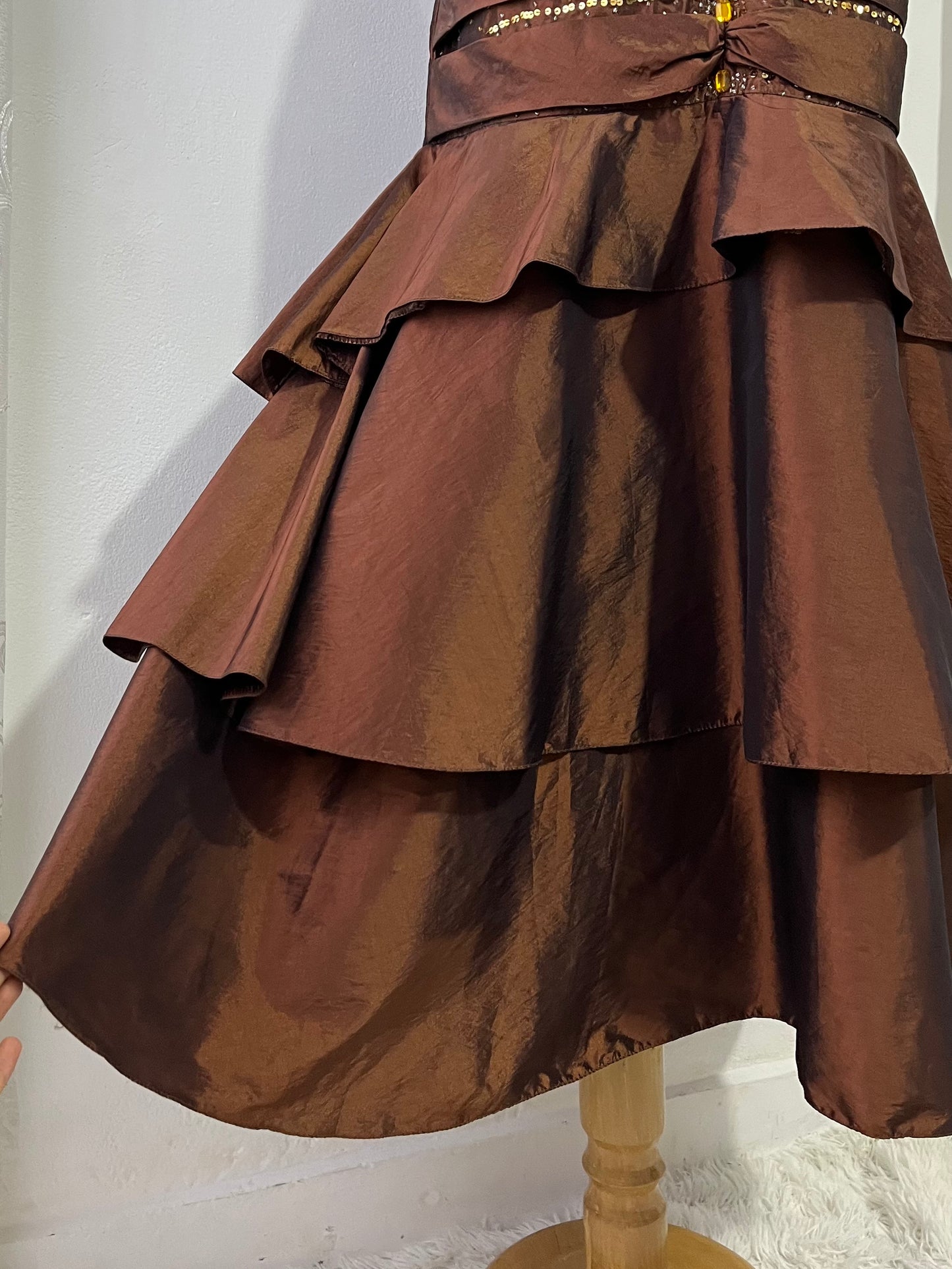 Shimmery brown corset dress with exquisite rhinestone embroidery and embellishments-size S