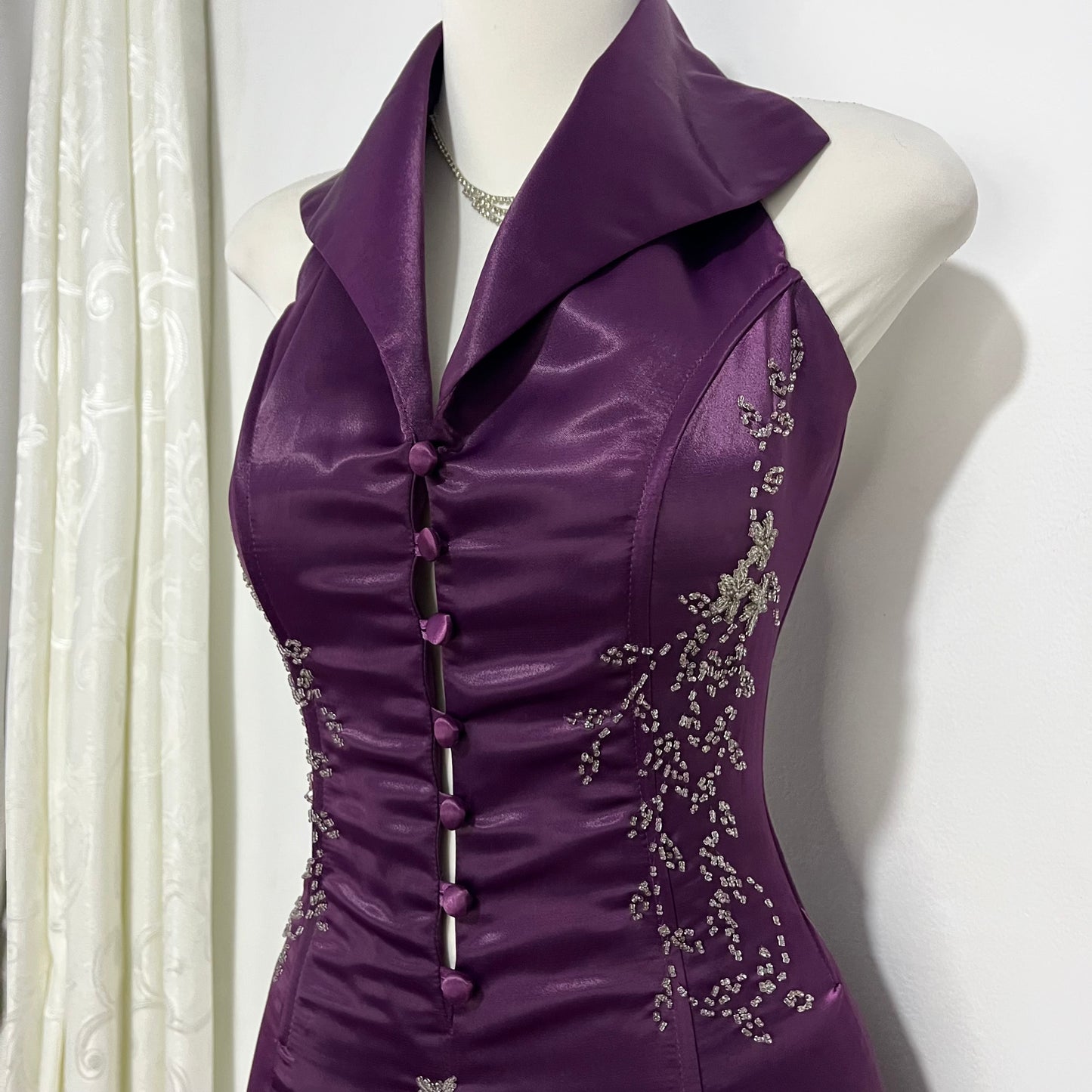 Corset evening dress in a vibrant purple color with exquisite handmade floral embroidery- size S