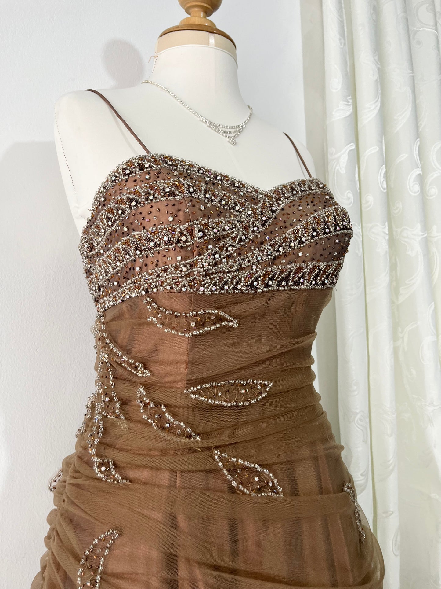 Bronze evening gown with embroidered designs of rhinestones and embellishments-size M