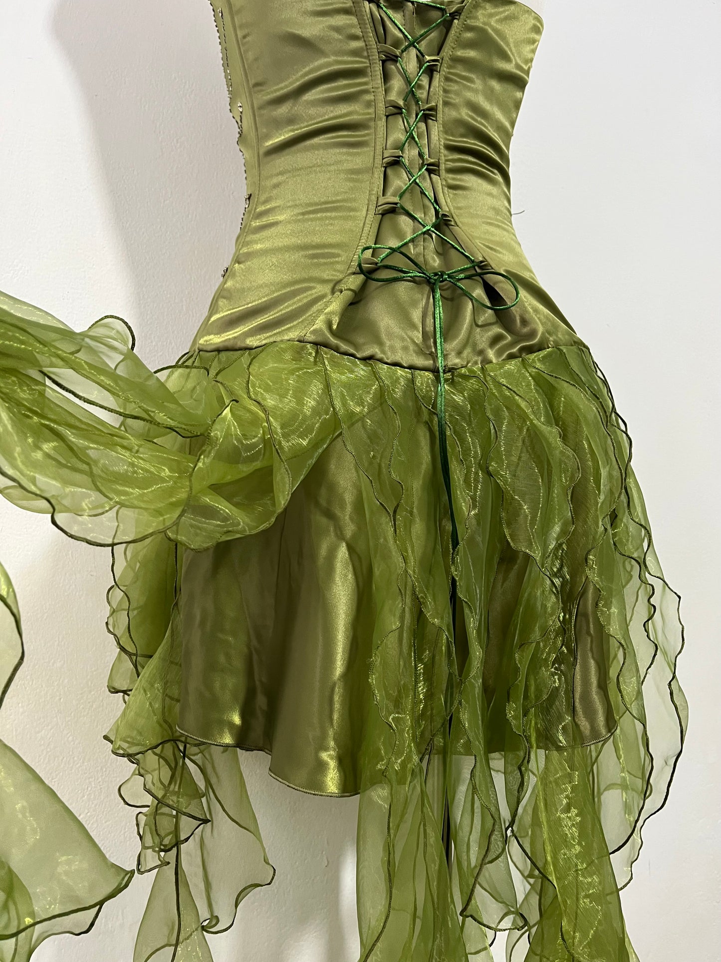 Olive green high-low corset dress with hand-embroidered rhinestones and ruffles- size S