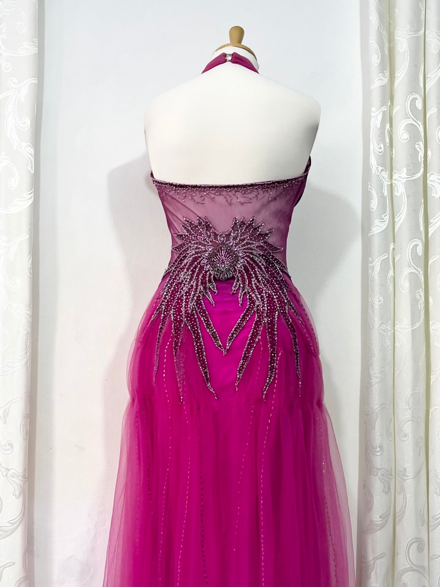 Captivating halter evening dress with fuchsia to dark violet gradient and rhinestone embroidery- size S