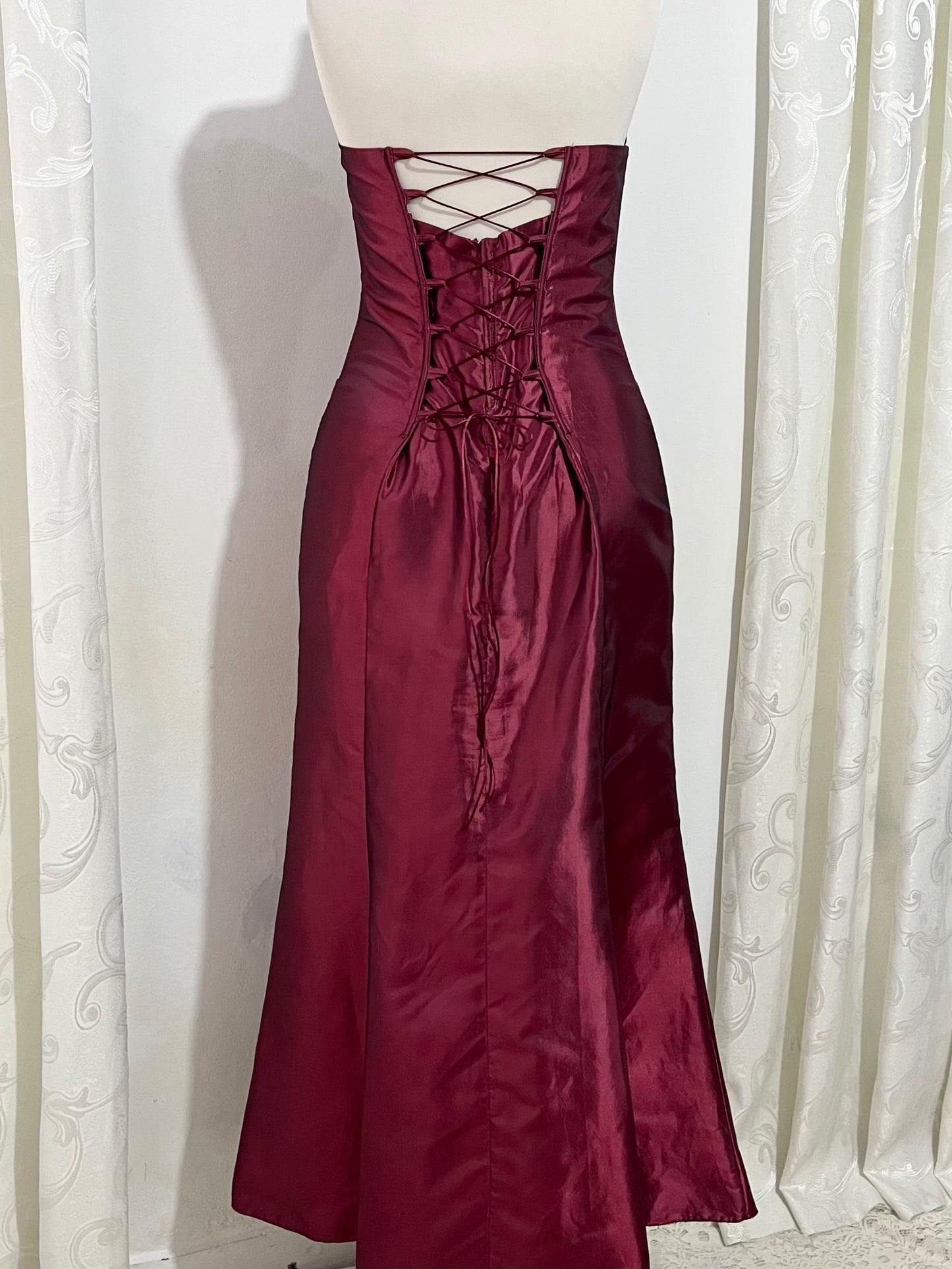 Iridescent burgundy corset dress with exquisite hand embroidery of sequins and rhinestones- size M