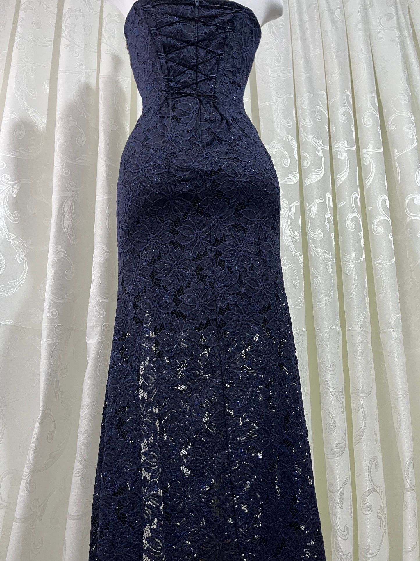 Dark blue corset lace dress with embroidered design