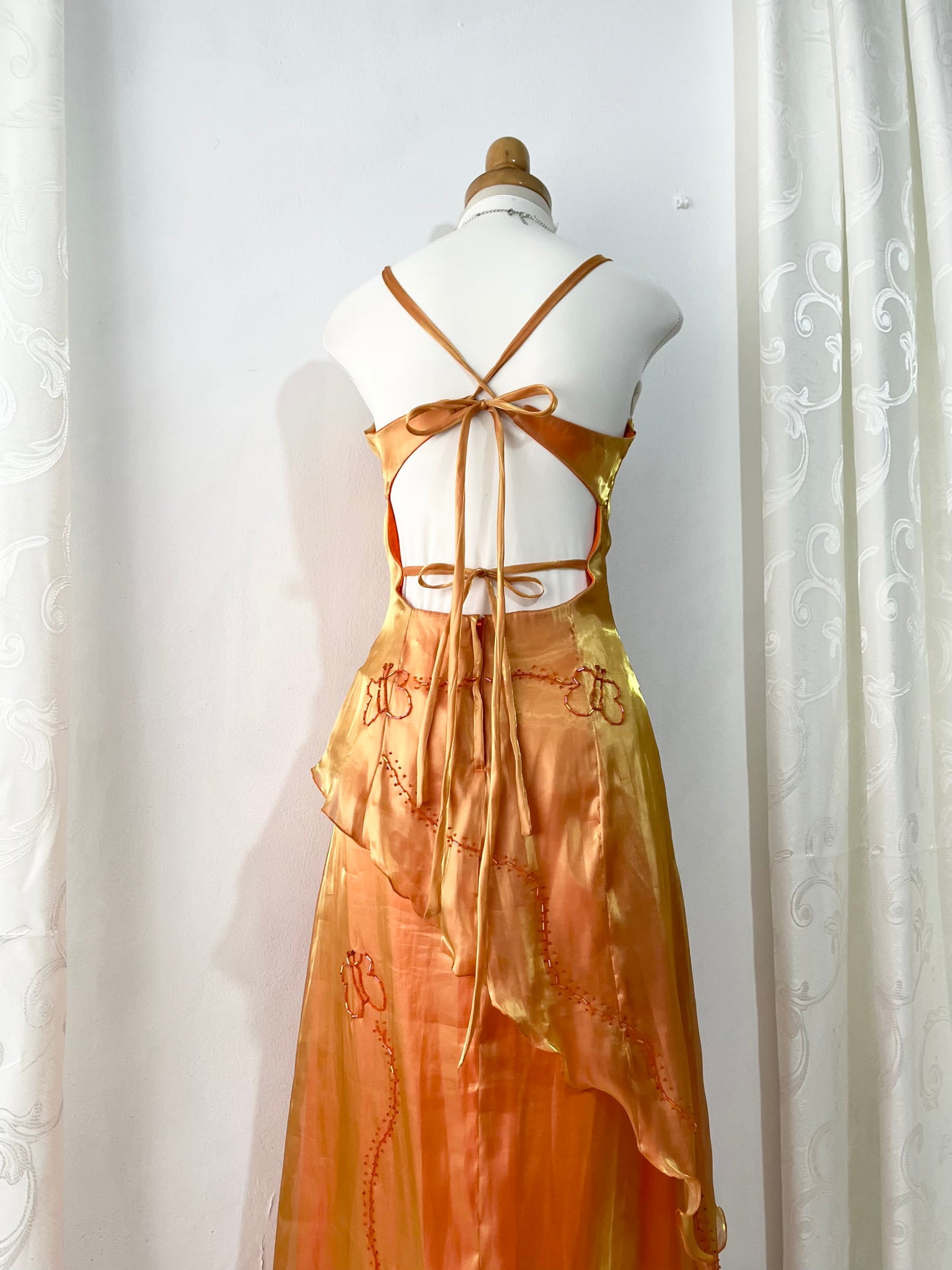 Gradient amber gown with asymmetrical overskirt and beaded embroidery-size S