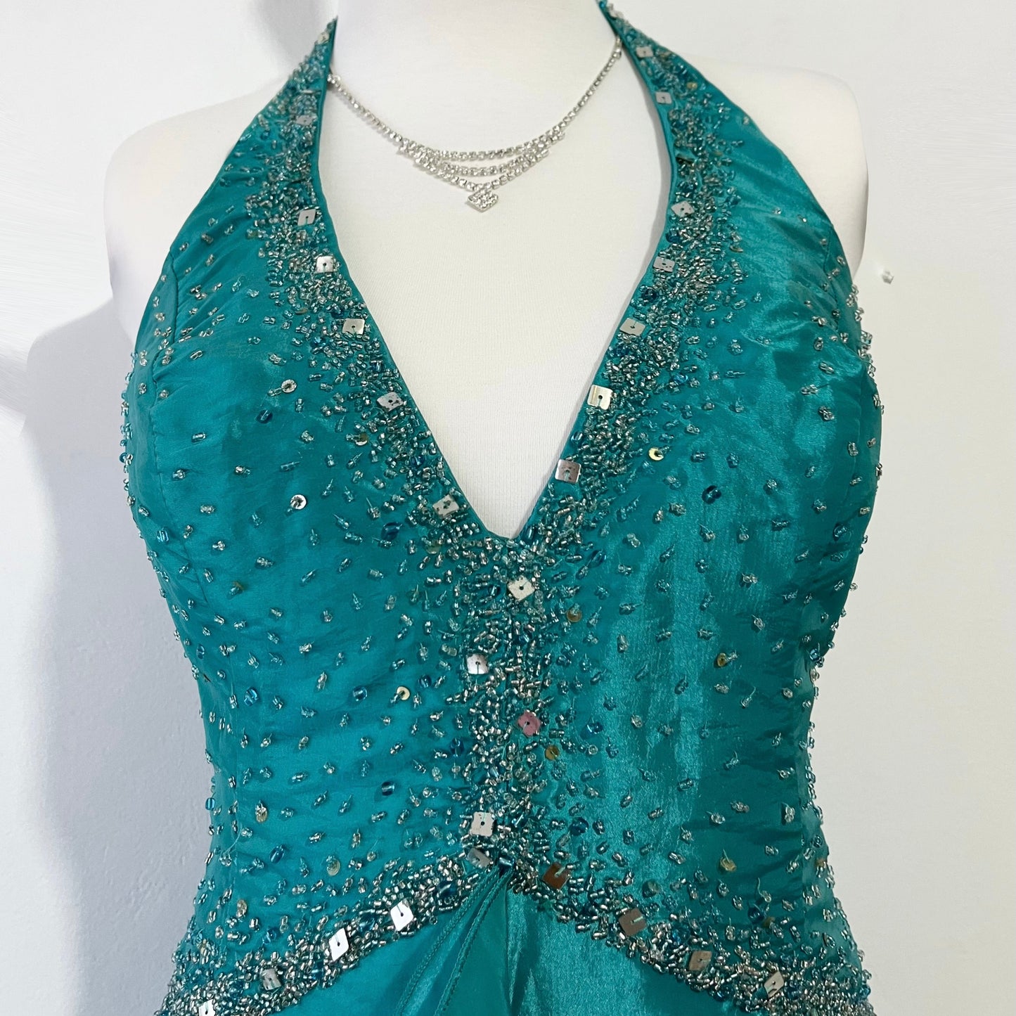 Teal mermaid style corset dress with hand embroidered rhinestones and beads-size S