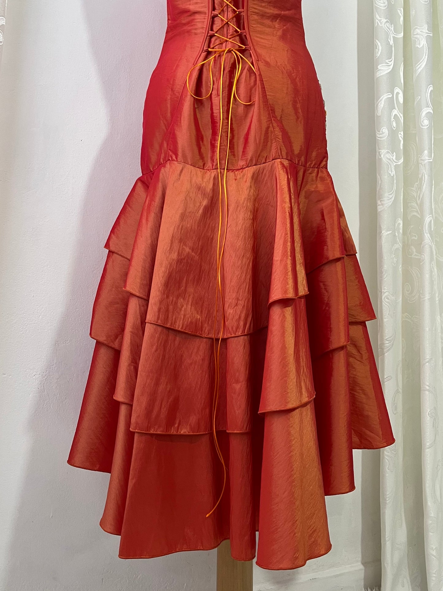 Amber taffeta corset dress decorated with exquisite hand-embroidered beads-size L