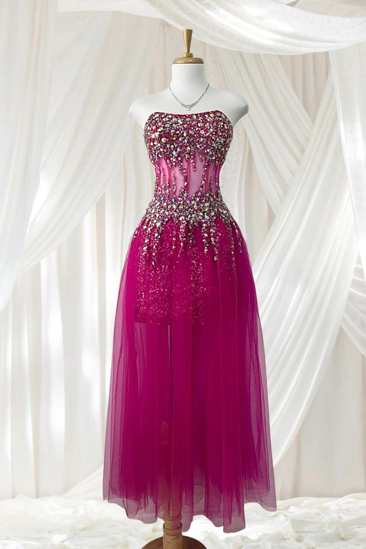 Captivating corset dress in magenta tulle with hand-embroidered rhinestones + matching shawl-size S