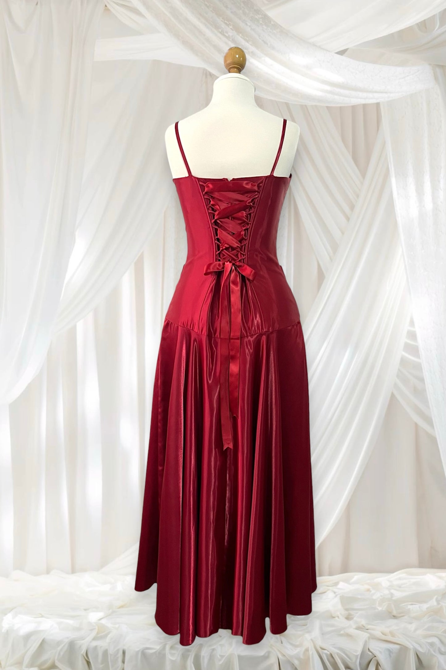 Crimson red gown with corset and hand-embroidered embellishments- size M