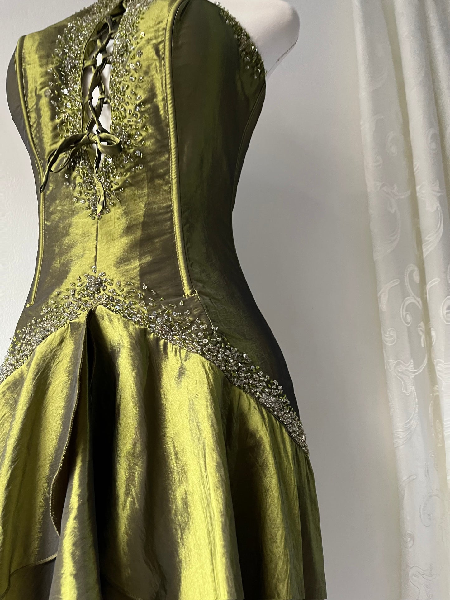 Iridescent taffeta green corset dress with exquisite hand embroidery of sequins and rhinestones- size S