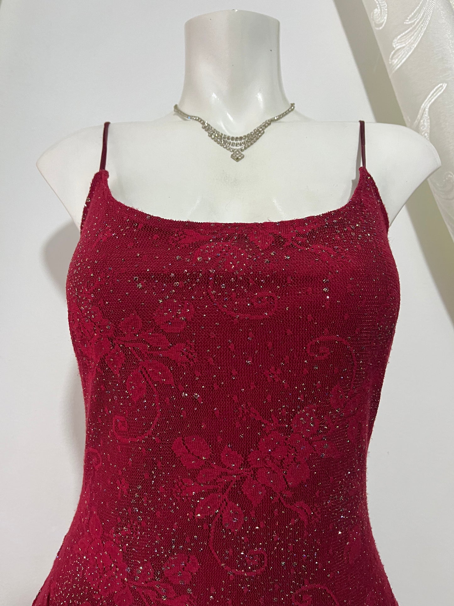 Red lace high-low dress with silver sparkles- size M/L