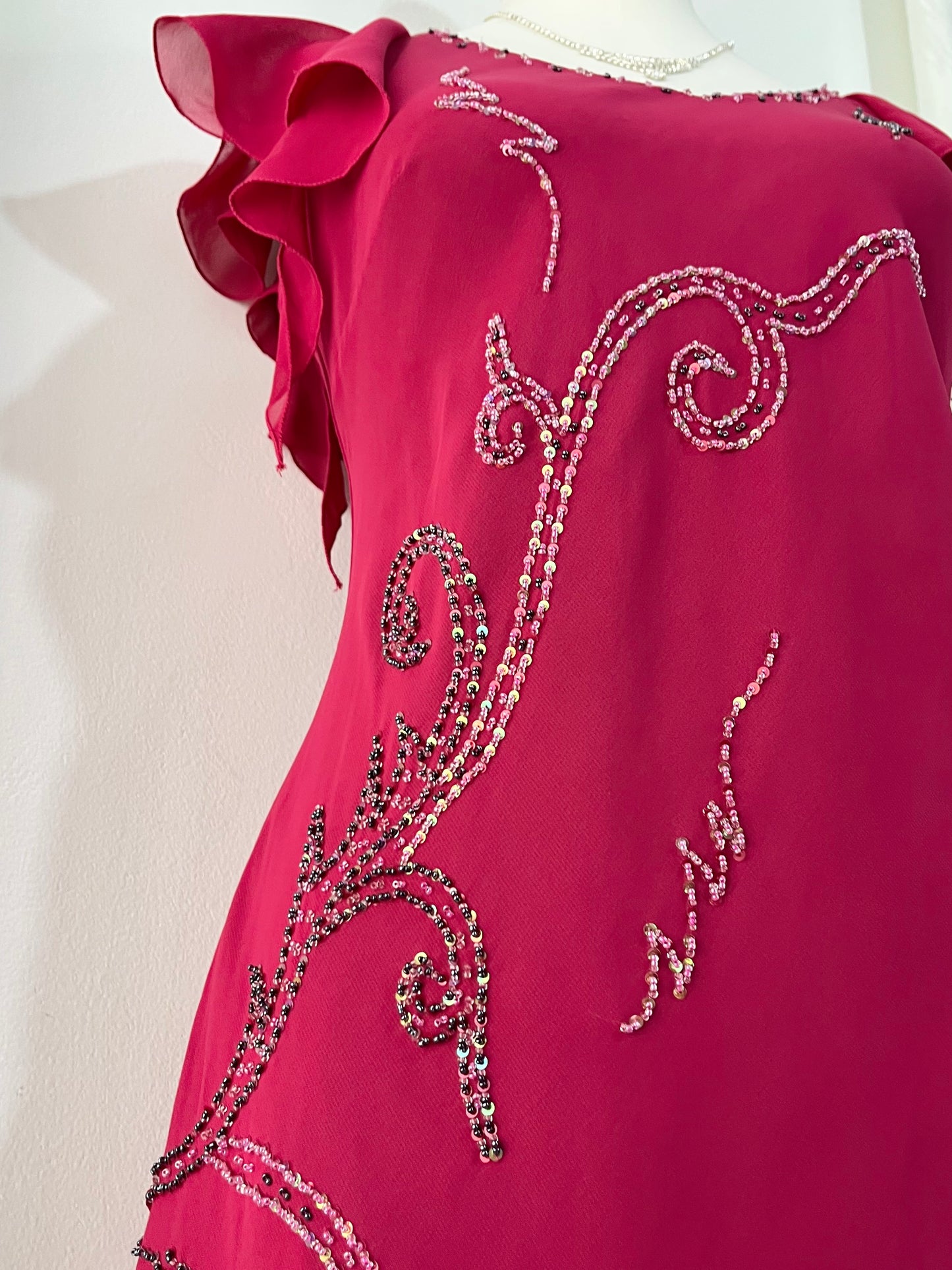 Fuchsia Midi Dress with Butterfly Sleeves and hand-embroidered rhinestone details- size XL