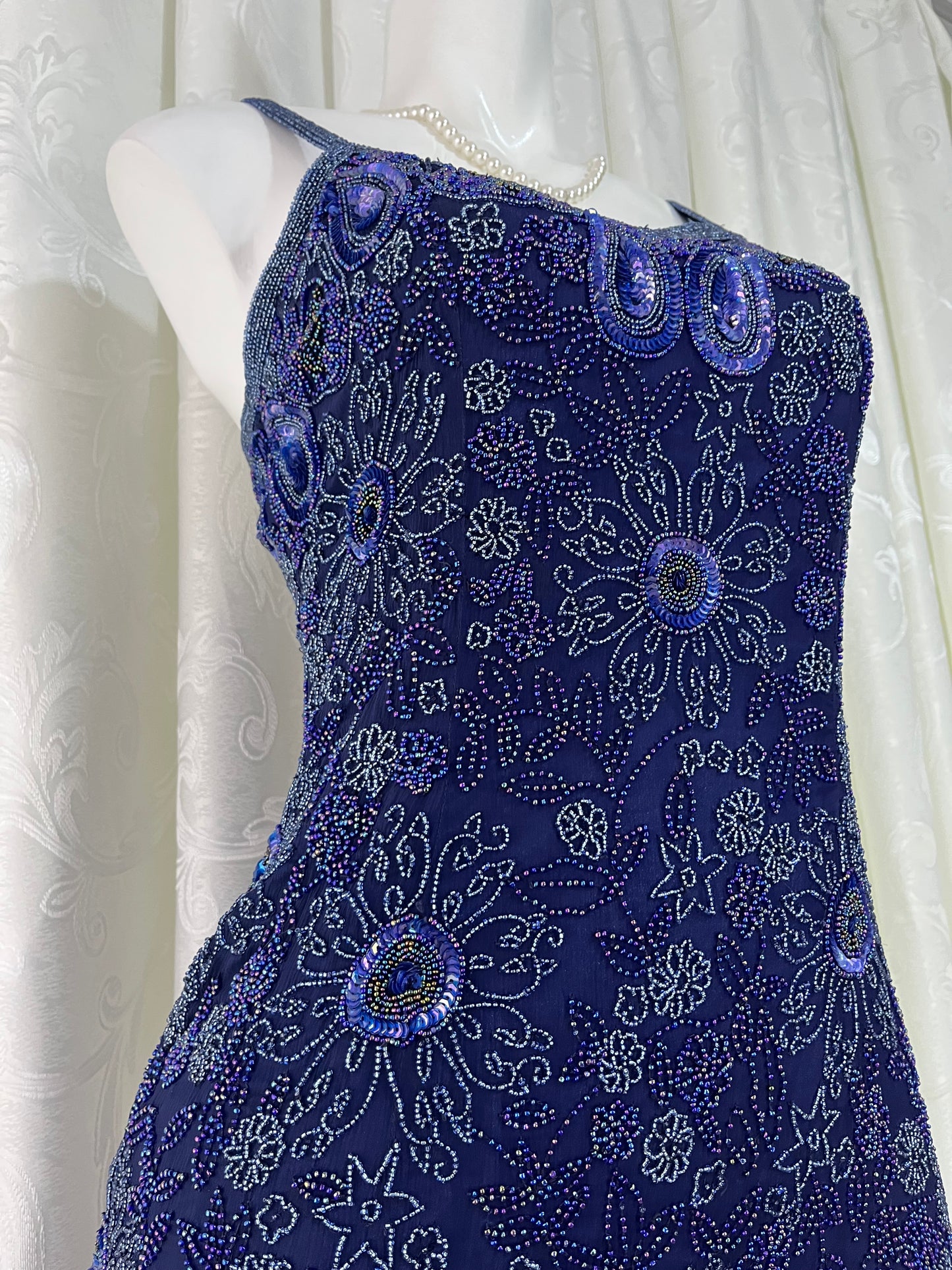 Navy silk mini dress with exquisite handmade raised floral embroidery-size S