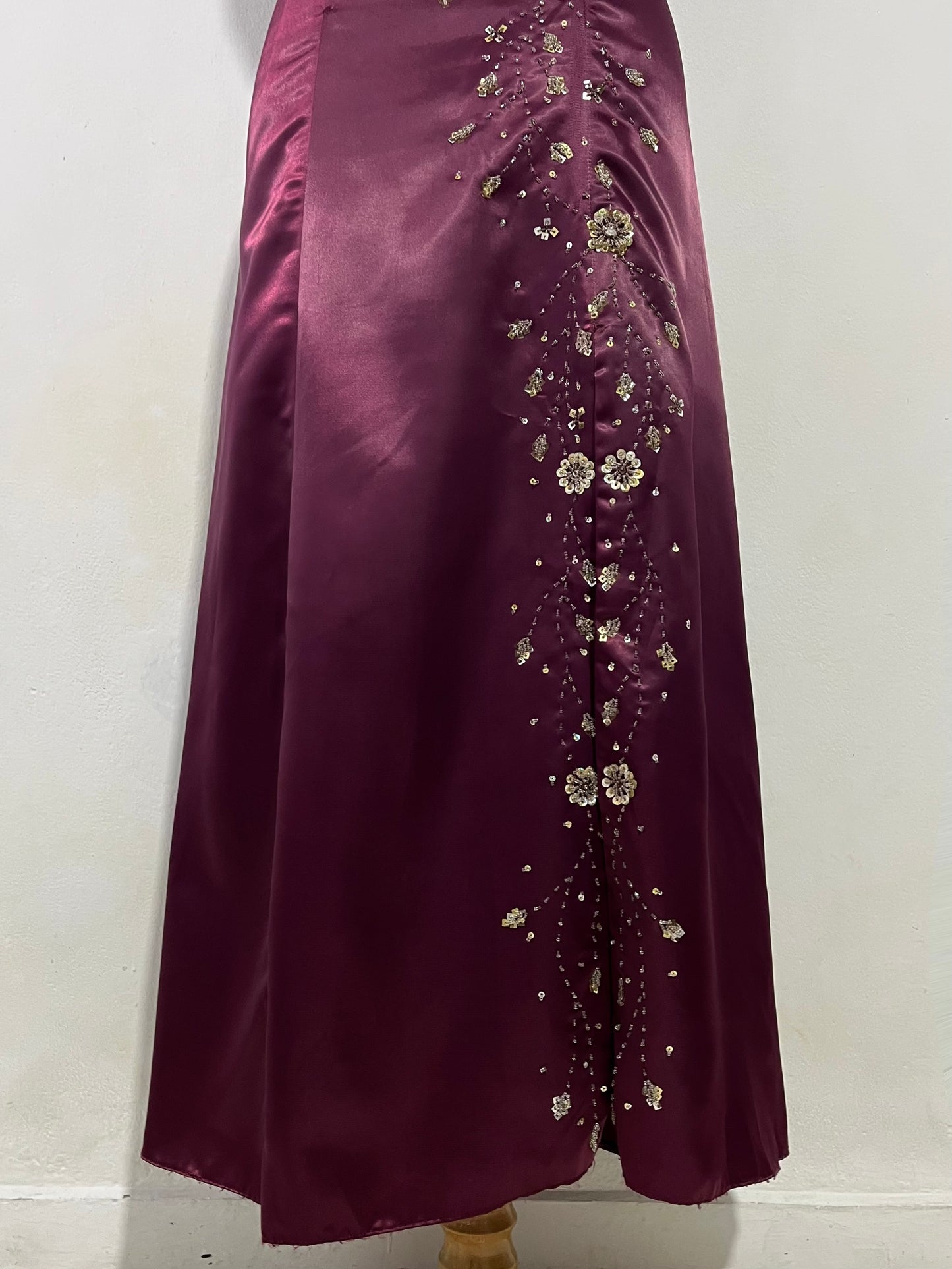 Wine purple satin corset dress with exquisite sequin and rhinestone embroidery- L/XL