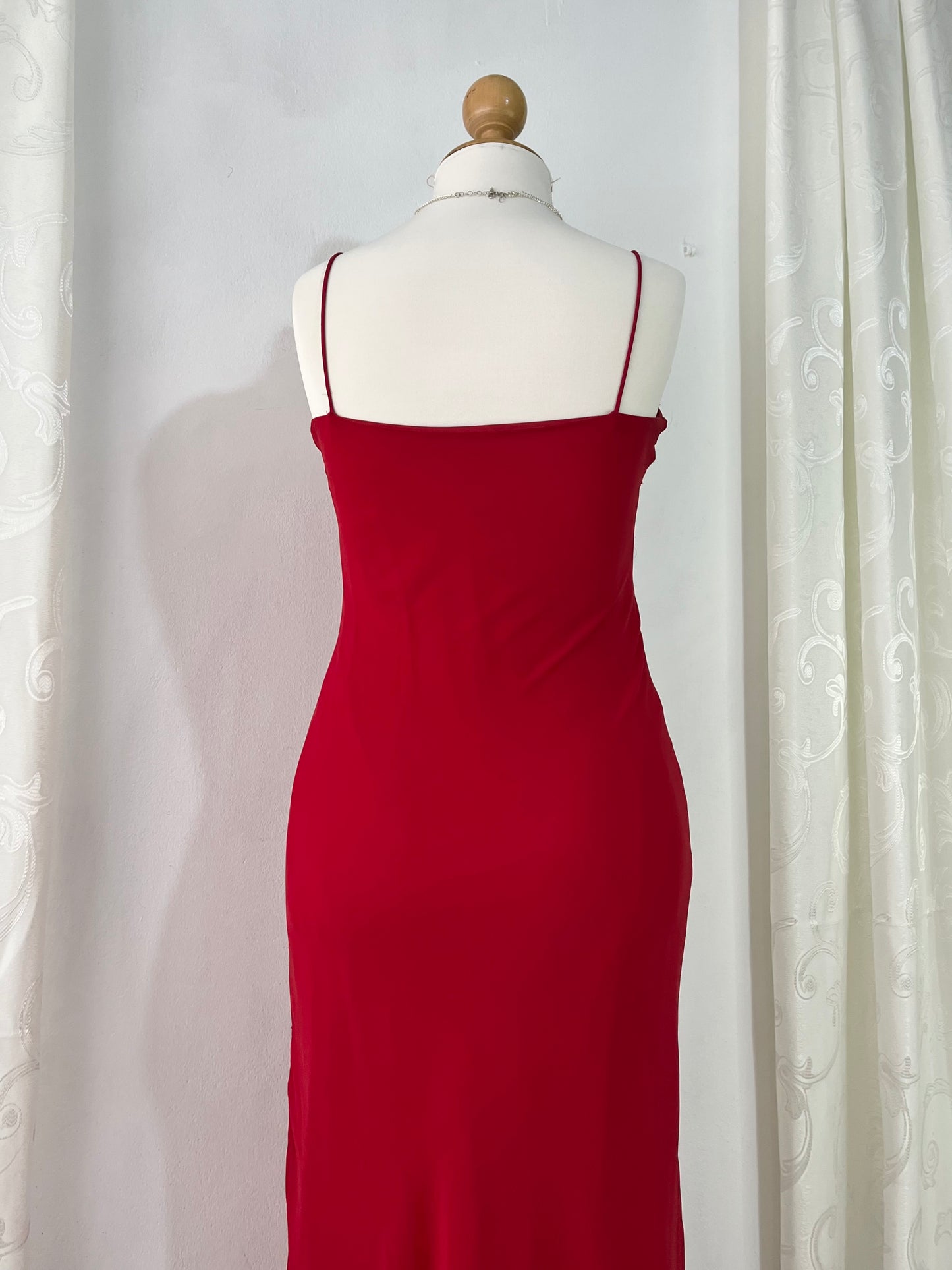 Crimson red ball gown with silver embellishments