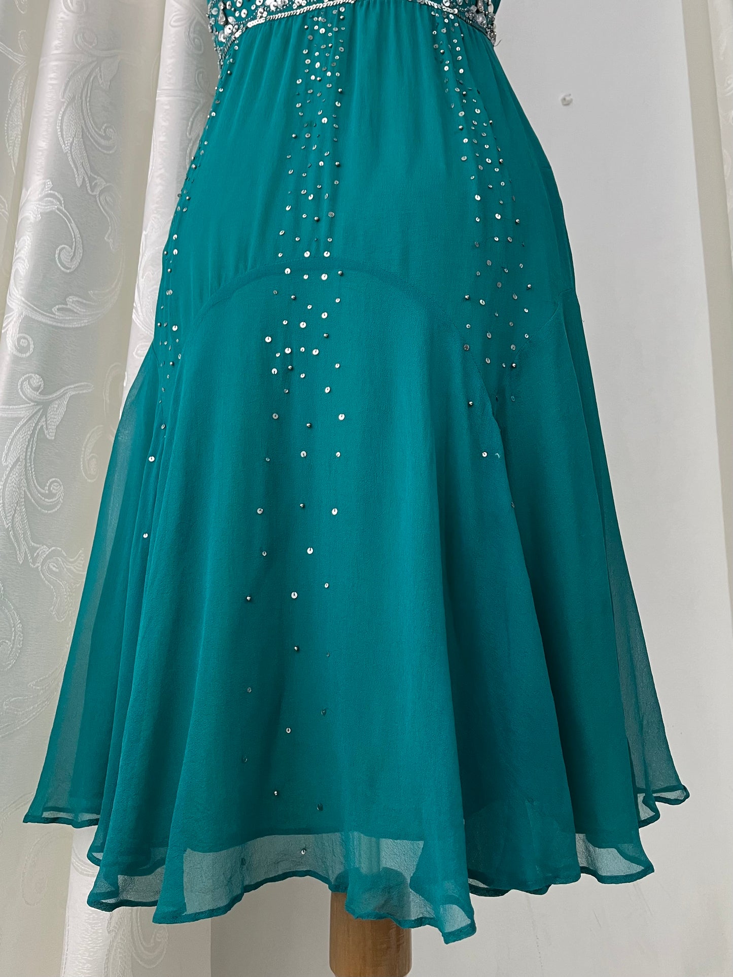 Teal silk dress with hand-embroidered sequins and rhinestones-one size: M