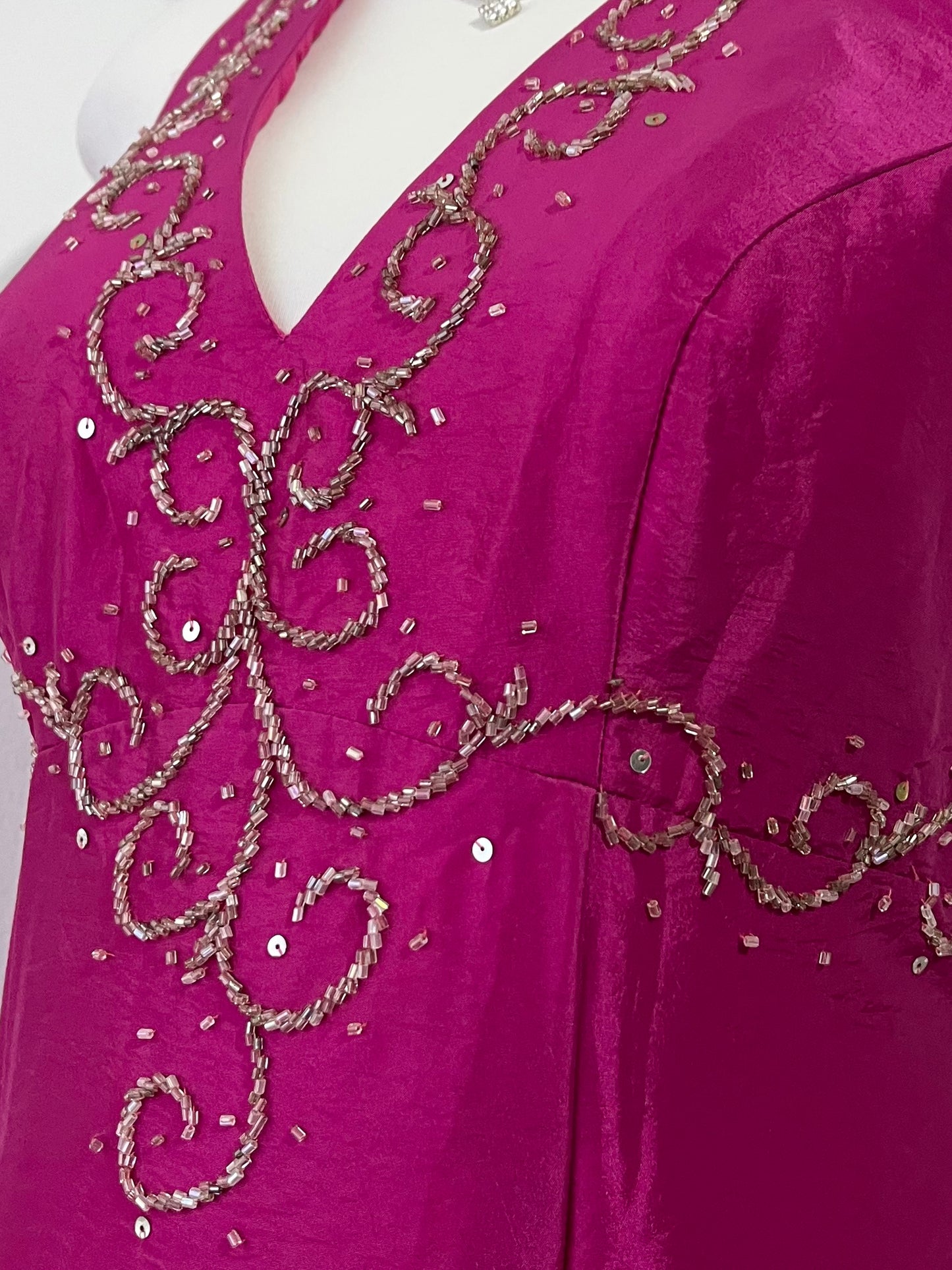 Fuchsia corset dress with exquisite hand sewn beadwork -Size M