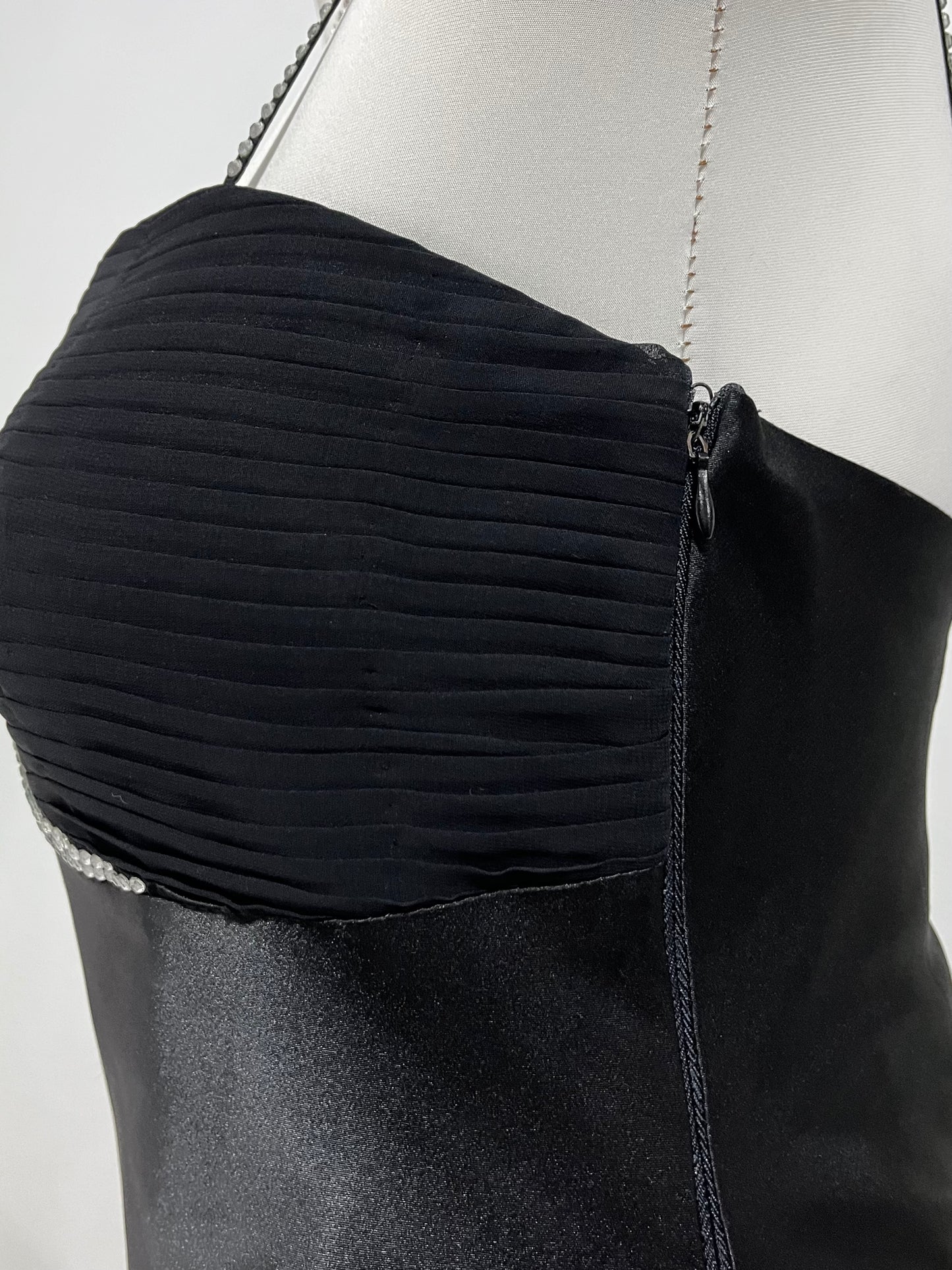 Noir silk satin dress with silver appliqués