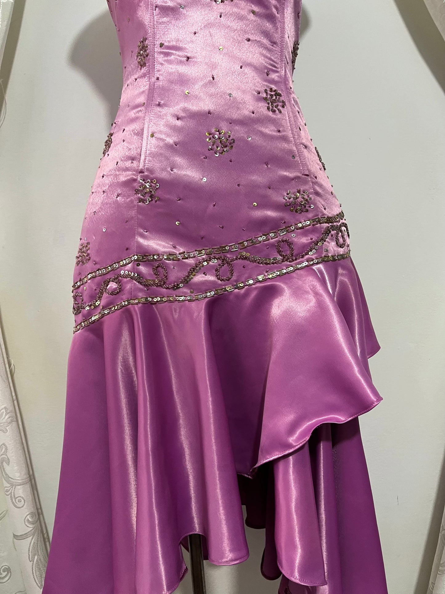 Asymmetrical midi corset dress in lilac pink satin with rhinestone and bead embroidery- size S