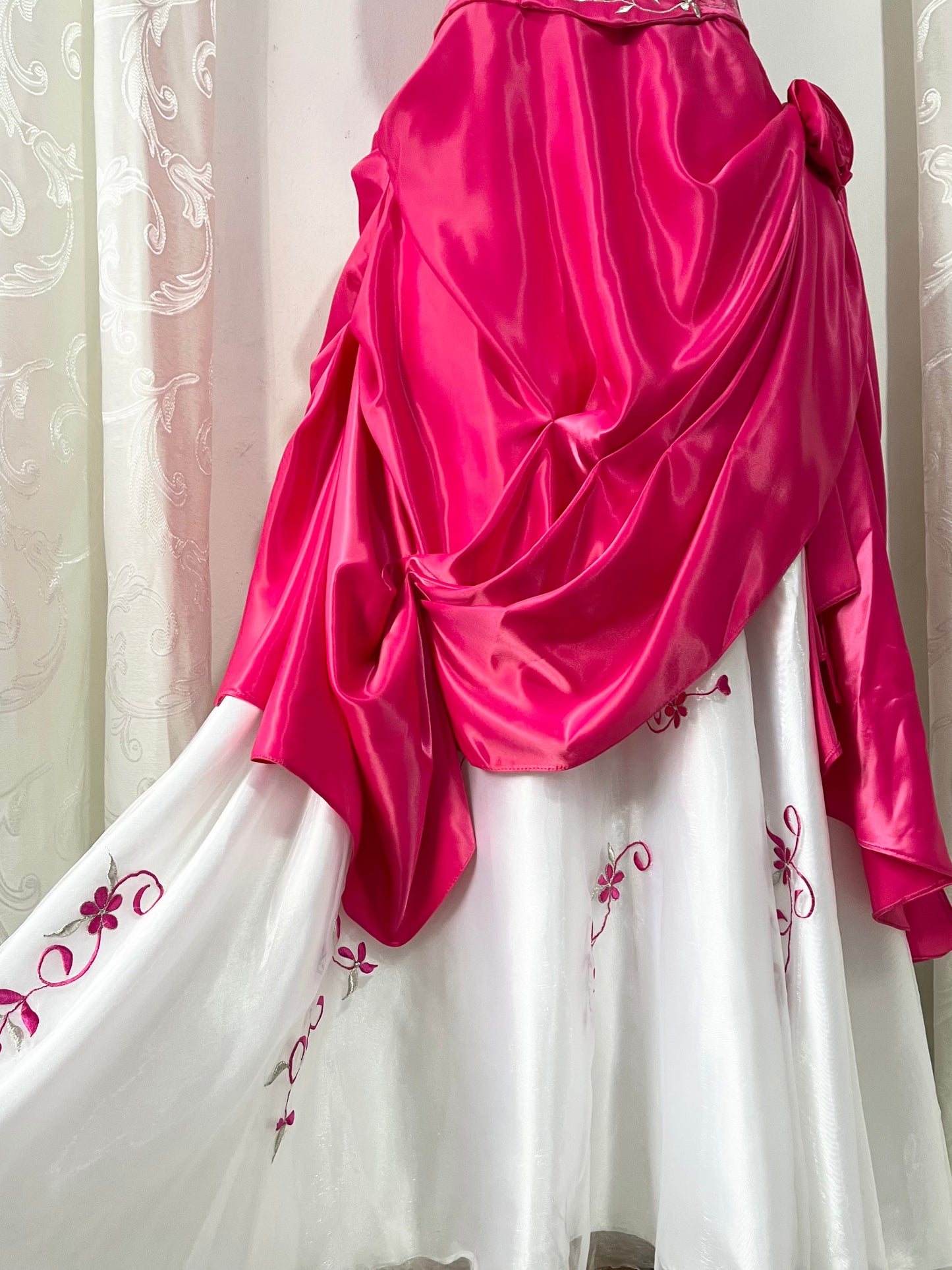 Fuchsia corset princess dress with floral embroidery, satin silk skirt with pearly chiffon lining- size XS