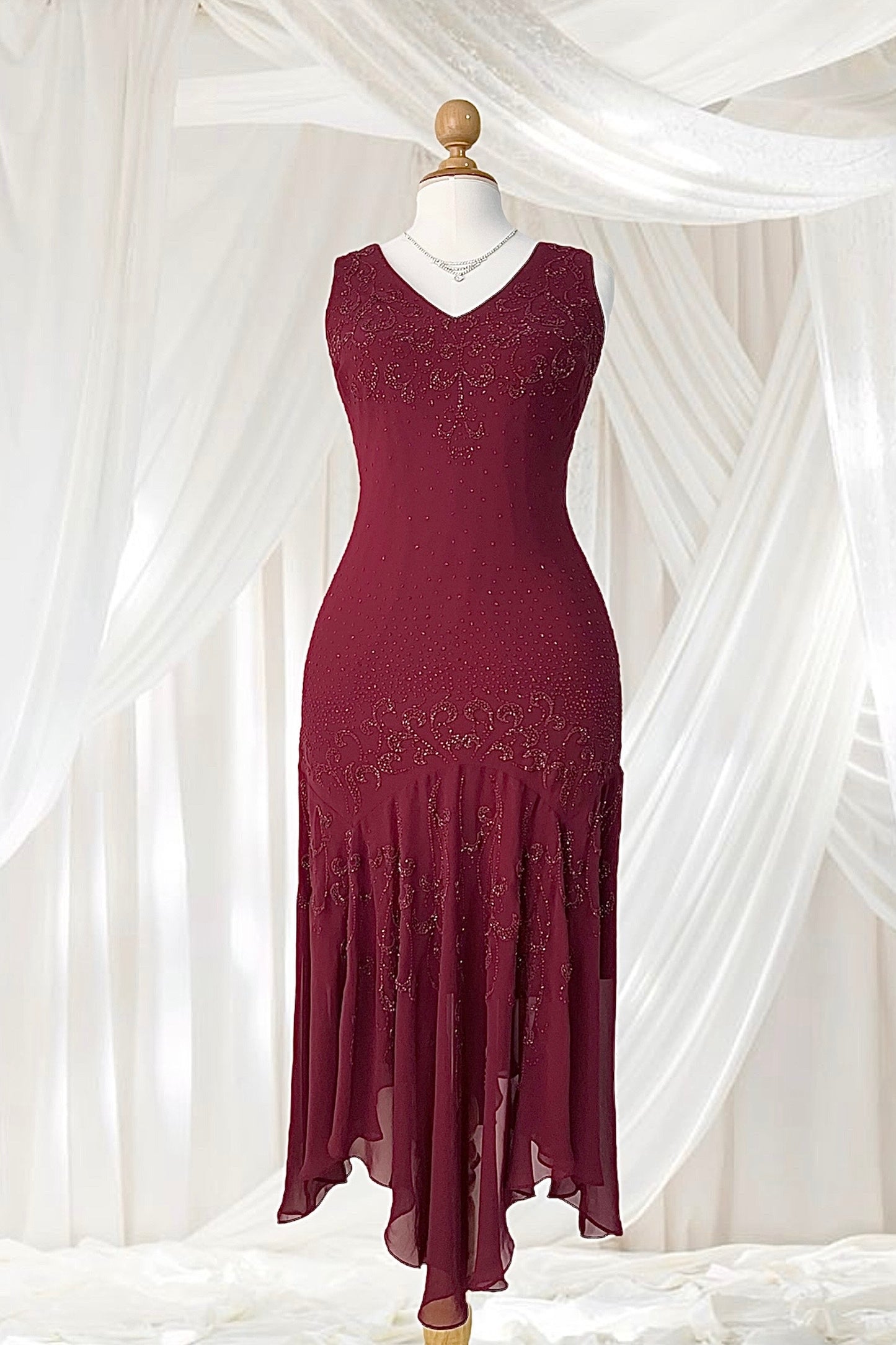 Burgundy gown dress with intricate designs and embroidery on the bodice and skirt - Size XL