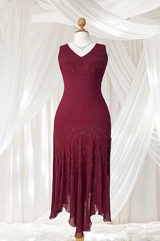 Burgundy gown dress with intricate designs and embroidery on the bodice and skirt - Size XL